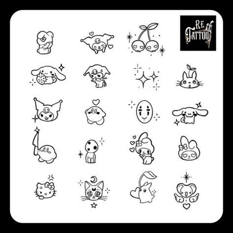 Temp Tattoo Ideas, Kawaii Tattoo Outline, Cute Mini Halloween Tattoos, Kumori Tattoo, Sanrio Flash Tattoo, Kaomoji Tattoo, Tiny Animal Tattoos, Pokemon Flash Tattoo, Linework Tattoo Ideas