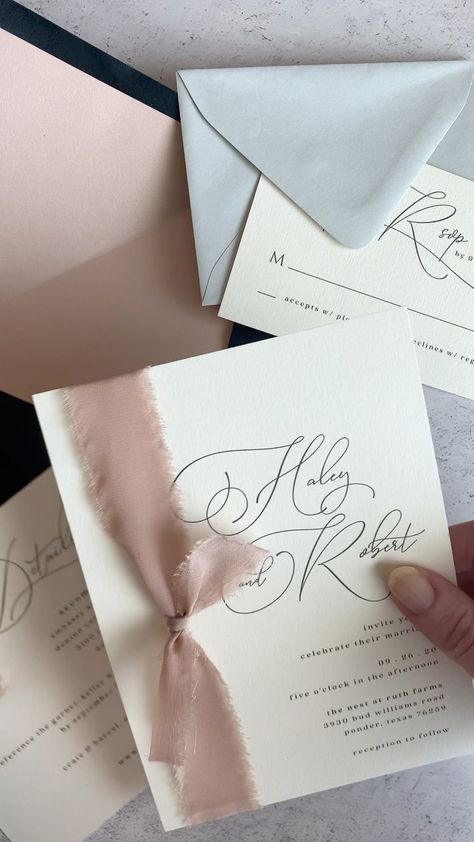 Kristin Hazelwood on Instagram: “We’re swooning over this clean, modern wedding invitation suite in black and grey completed within a blush ribbon!” Blush Pink And Grey Wedding, Neutral Pink Wedding, Blush Wedding Palette, Pink Grey Wedding, Modern Wedding Invitation Suite, Blush Pink Wedding Invitations, Grey Wedding Invitations, Blush Wedding Invitations, Quinceanera Themes