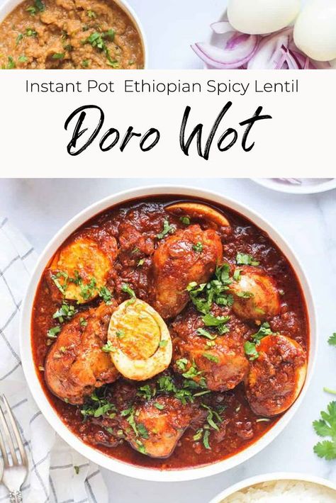 Doro Wat is a flavor-packed Ethiopian stew with tender cooked chicken in a fiery Berbere spiced sauce topped with boiled eggs. Traditionally slow cooked for hours, this Instant Pot recipe delivers authentic taste in a fraction of time. So go ahead and create the flavors of your favorite Ethiopian restaurant dish at home! Ethiopian Stew, Curry Indian Recipes, Doro Wot, Ethiopian Recipes, Ministry Of Curry, Doro Wat, Authentic Indian Recipes, Curry Food, Ethiopian Restaurant