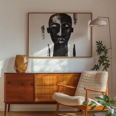 A painting of an African Mask in a modern and contemporary style. Tradition and modernity are beautifully fused together, making it an ideal addition to both contemporary and classic interior designs. IMPORTANT NOTICE, PLEASE NOTE: THIS ITEM IS A DIGITAL DOWNLOAD. NO PHYSICAL ITEM WILL BE SHIPPED. Instructions on how to download the file can be found here: https://etsy.me/36ChGK2 HOW TO PRINT: . You can print at home on your own printer . You can print it out by sending it to printing centers . African Modernism Interior, Modern African Apartment, African Art Home Decor, Black Art Living Room Ideas, Kenya Interior Design, African Mid Century Modern, African American Apartment Decor, African Apartment Decor, African Contemporary Decor