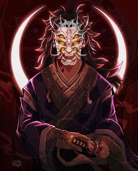 Kokushibo Fanart, Oni Demon Mask, Mascara Oni, Oni Samurai, Spiritual Battle, Demon Mask, Oni Demon, Japanese Swords, Dragon Ball Painting