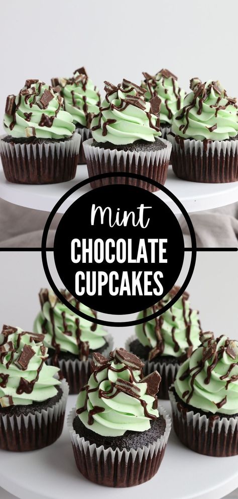 Moist chocolate cupcakes, mint buttercream, chocolate ganache, and chocolate mint candy! Mint Buttercream Frosting, Mint Chocolate Recipes, Mint Chocolate Candy, Mint Buttercream, Mint Chocolate Cupcakes, Moist Chocolate Cupcakes, Mint Frosting, Buttercream Frosting Cake, Dark Chocolate Cupcakes