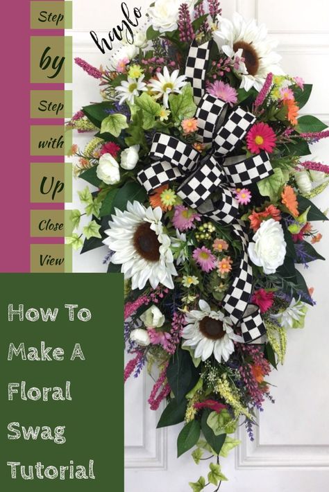 How To Make A Door Swag Tutorials, Scarecrow Wreaths For Front Door, How To Make A Swag Wreath Step By Step, Types Of Greenery, Diy Wreath Ideas, Spring Wreaths For Front Door Diy, Diy Swag, Diy Wreath Bow, Front Door Swag