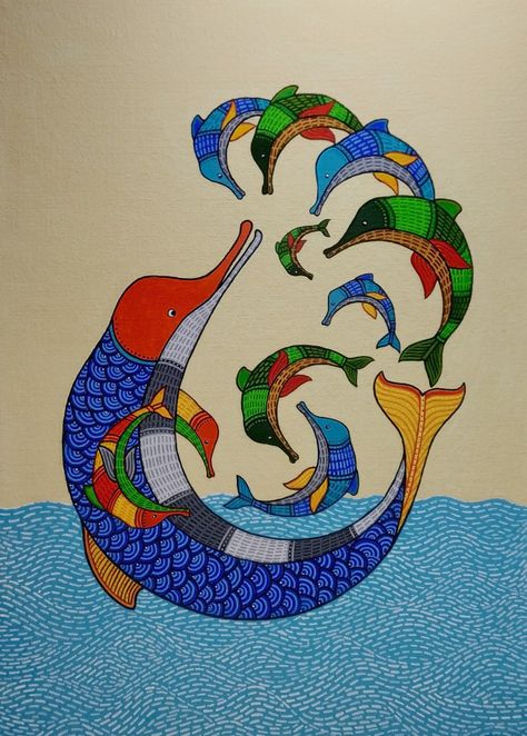 Gond Painting Fish, Gond Art Fish, Gond Art Animals, Gangetic Dolphin, Gonda Art, Transforming Dress, Aquatic Animal, Gond Art, Indian Traditional Paintings