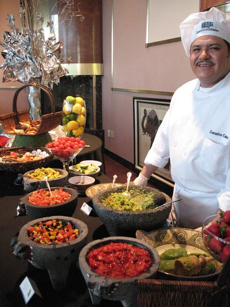 Salsa and Guacamole Bar in the Atrium at Executive Caterer… | Flickr Salsa And Guacamole, Reception Food, Wedding Reception Food, Taco Bar, Food Stations, Buffet Table, Guacamole, Wedding Reception, Chef