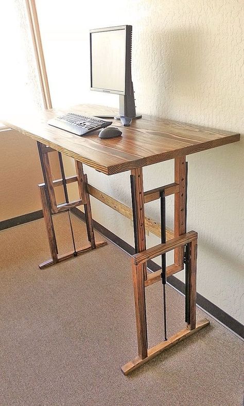 Standing Desk Plans, Diy Standing Desk Plans, Wooden Standing Desk, Working Inspiration, Diy Standing Desk, Diy Computer Desk, Desk Riser, Desk Diy, Farmhouse Office