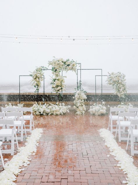 Black And White Wedding Altar, Black And White Ceremony Backdrop, Snow Wedding Ceremony, White Square Wedding Arch, Wedding Arbour White Flowers, Flower Arch Black Tie, Black And White Wedding Flowers Arch, All White Floral Arch, White Wedding Arch