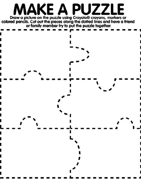 1. Use Crayola® crayons, colored pencils, or markers to draw a picture across the puzzle page.   2. Cut out the puzzle pieces along the dotted lines.   3. Ask a friend or family member to try to put the puzzle together. Puzzle Piece Scavenger Hunt, Create A Puzzle Printable, Create Your Own Puzzle Template, Create A Puzzle, Make A Puzzle, Blank Puzzle Template Free Printable, Puzzle Piece Template Free Printable, Puzzle Crafts For Kids, Puzzle Template Free Printable