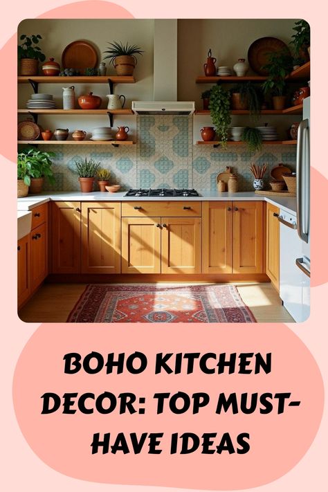 Boho Kitchen Decor: Top Must-Have Ideas Rectangular Kitchen Layout, Afro Bohemian Style, Boho Kitchen Decor Ideas, Textured Ceramics, Whimsical Lighting, Bohemian Style Kitchen, Afro Bohemian, Kitchen Island Decor Ideas, Farm Kitchen Decor