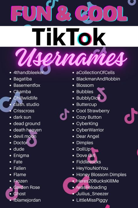 Looking for the perfect TikTok username? Check out this list of fun and cool username ideas to make your profile stand out! Click for creative inspiration and find your new TikTok name! Username Ideas Tik Tok Baddie, Aesthetic Names For Facebook, Tik Tok Names Ideas, Usernames For Tik Tok, Cool Username Ideas, Tiktok Names Ideas, Username Ideas Tik Tok, Spark Angel, Tiktok Name