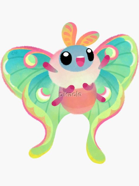 Cute Insects Drawing, Moth Cute Drawing, Cute Moth Illustration, Pikaole Art, Luna Moth Character, Kawaii Insects, Cute Moth Art, Cute Moth Drawing, Moth Fluffy