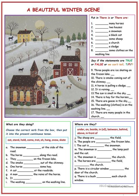 Picture description: a beautiful winter scene - English ESL Worksheets for distance learning and physical classrooms Beautiful Winter Scenes, English Activities For Kids, English Exercises, Learning English For Kids, Grammar Practice, Speaking Activities, English Lessons For Kids, English Activities, English Reading