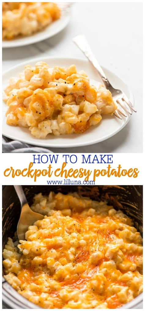 Crockpot Cheesy Potatoes are the perfect, easy side dish for your next meal or holiday gathering. Just dump, cook, and enjoy!! #crockpotcheesypotatoes #cheesypotatoes #sidedish #crockpotpotatoes #potatoes Dump And Go Crockpot Side Dishes, Cheesey Potatoes Crock Pot, Crockpot Yukon Gold Potatoes, Cheesey Potatoes Crockpot Slow Cooker, Cheesy Crockpot Potatoes, Crock Pot Side Dishes, Slow Cooker Cheesy Potatoes, Crockpot Cheesy Potatoes, Cheesy Potatoes Crock Pot