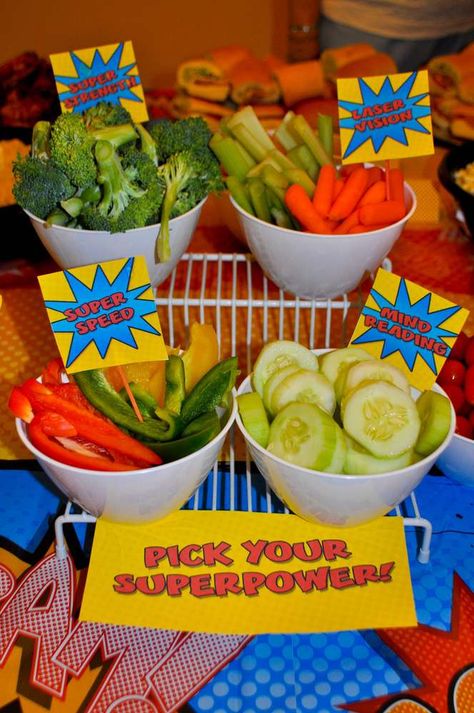 Superpower veggies at a superhero birthday party! See more party ideas at CatchMyParty.com! Baby Shower Ideas For Boys Themes, Baby Shower Ideas For Boys, Superman Party, Marvel Birthday Party, Superhero Baby Shower, Marvel Party, Pj Masks Birthday Party, Wonder Woman Birthday, Superman Birthday