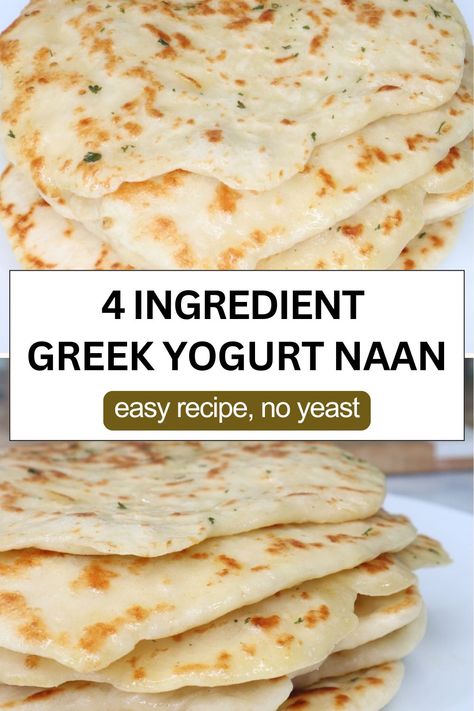 Made with just 4 simple wholesome ingredients, you can enjoy the pleasure of fresh naan while nourishing your body. This Greek Yogurt Naan is sure to become a staple in your kitchen. Not only is it easy to make, but is just as delicious as it is nutritious!  It’s a soft, flavorful bread infused with protein and probiotics, perfect for dipping or pairing with your favorite dishes. Try it today for a delicious twist on a classic favorite! Simple Greek Recipes Healthy, Pita Bread Greek Yogurt, Protein Naan Bread, Ww Naan Bread, Naan Greek Yogurt, Easy Yogurt Bread, Soft Naan Recipe, Easy Naan Bread Recipe Greek Yogurt, Homemade Naan Bread Without Yogurt