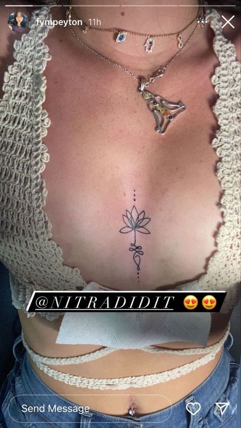 Chest Mini Tattoo, Simple Tattoos For Black Women, Sternum Tattoo Women Simple, Peyton Tattoo, Simple Sternum Tattoo Women, Tattoo In Between Chest Woman, Cute Thigh Tattoos, Small Chest Tattoos, Petite Tattoos