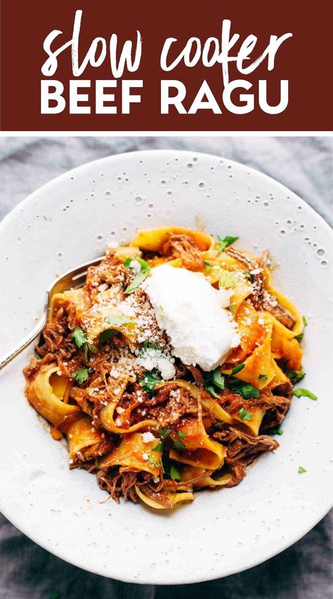 Slow Cooker Beef Ragu with Pappardelle! We're making this cozy, comforting Beef Ragu with Pappardelle! Steak is braised in the crockpot for hours with garlic, tomatoes, veggies, and herbs, then shredded and piled high on pappardelle with Parm cheese. #ragu #beef #pasta Slow Cooker Beef Ragu, Ragu With Pappardelle, Beef Ragu Recipe, Crockpot Favorites, Pappardelle Recipe, Tomato Beef, Beef Sauce, Beef Ragu, Ragu Recipe