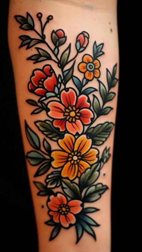 Discover stunning August Birth Flower tattoo design ideas for women. From traditional to neo-traditional styles, explore beautiful Gladiolus and Poppy tattoo inspirations. Whether you're into thigh, arm, or sleeve tattoos, find colorful and small tattoo ideas perfect for celebrating your August birthday. Neo Traditional Violet Tattoo, American Trad Flower Tattoo, Traditional Flower Tattoo Color, Traditional Gladiolus Tattoo, Neo Traditional Flower Tattoo Design, Traditional Floral Tattoo Sleeve, Neo Traditional Flower Tattoo, Traditional Tattoos Flower, American Traditional Flower Tattoo