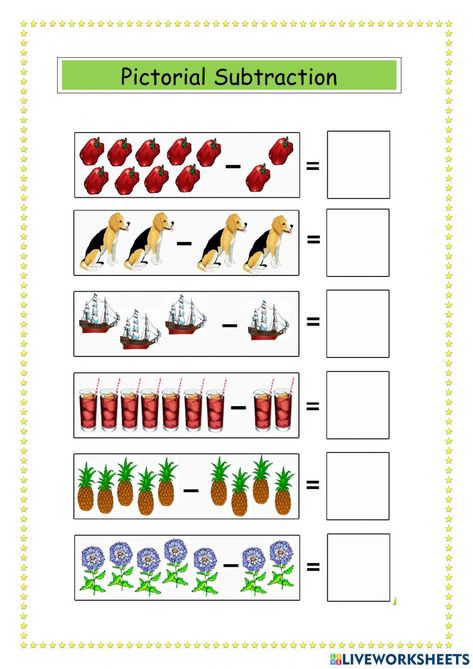 Pictorial subtraction worksheet Subtraction Without Regrouping, Subtraction Kindergarten, Math Subtraction, Pattern Worksheet, Subtraction Word Problems, Subtraction Facts, Subtraction Worksheets, Final Exam, Final Exams