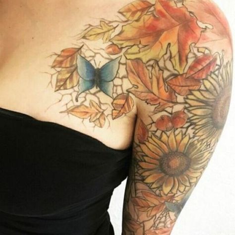 Autumn Tattoos, Fall Leaves Tattoo, Blatt Tattoos, Sunflower Tattoo Thigh, Halloween Tattoos Sleeve, Sunflower Tattoo Sleeve, Sunflower Tattoo Shoulder, Autumn Tattoo, Tattoos Mandala