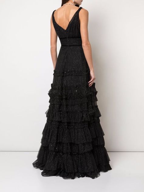 Ruffle tiered glitter texture gown in black.  Model is 1.77 m wearing size 2. Tiered Evening Dress, Black Floor Length Gown, Black Tie Gowns, Textured Gown, Tiered Gown, Long Black Evening Dress, Tiered Prom Dress, Formal Chic, Glitter Texture