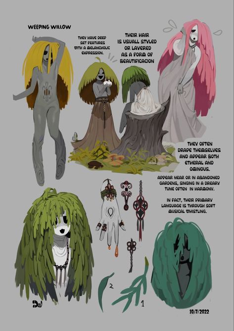 Mythical Species Humanoid, Willow Character Design, Forager Character Design, Humanoid Monster Design, Things To Do With Leaves, Nature Spirit Character Design, Humanoid Creature Concept Art, Monster Design Ideas, Dryad Character Design