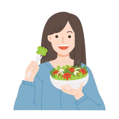 Young women eating salads. Diet food for life. Healthy foods with benefits. stock illustration Eating Healthy Foods Clipart, Eat Healthy Food Illustration, Healthy Life Illustration, Healthy Food Clipart, Salad Illustration, Diet Illustration, Women Eating, Salad Diet, Abstract Animal Art