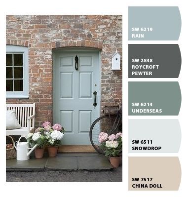 Wherein Williams Front Door Colors, Cottage Style Front Doors, Brick House Front Door Colors, Brown Brick Houses, Exterior Door Colors, Cottage Front Doors, Blue Front Door, Front Door Paint Colors, Paint Combinations