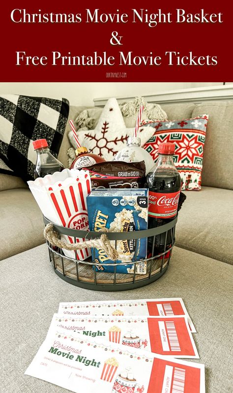 Enjoy Christmas movie night with this fun Christmas movie night basket and free printable movie tickets. Christmas Movie Night Basket, Printable Movie Tickets, Edible Sugar Cookie Dough Recipe, Family Movie Night Gift Basket, Family Movie Night Gift, Couples Movie Night, Movie Basket, Edible Sugar Cookie Dough, Movie Night Basket