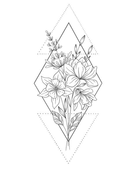 Flower Tattoo With Triangle, Boho Mom Tattoo, Geo Flower Tattoo, Diamond With Flowers Tattoo, Diamond Shaped Tattoo Designs, Geometric Shape Tattoo Design, Geometric Lily Tattoo, Geometrical Flower Tattoo, Geometric Tattoo Design Women