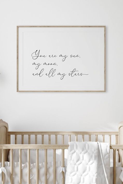 Nursery Quotes Girl, Baby Room Quotes, Baby Room Artwork, Moon Stars Nursery, Star Themed Nursery, Small Room Nursery, Minimal Nursery, Gender Neutral Baby Nursery, Stars Nursery