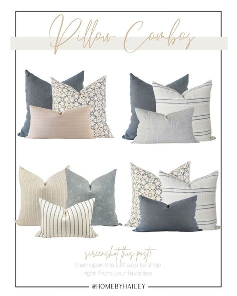 Sectional Pillow Combinations, Pillow Sets For Couch, Pillow Combinations Couch, Blue Pillow Combinations, Couch Pillows Ideas Color Schemes, Throw Pillow Combos, Living Room Grey Couch, Taupe Couch, Reading Place