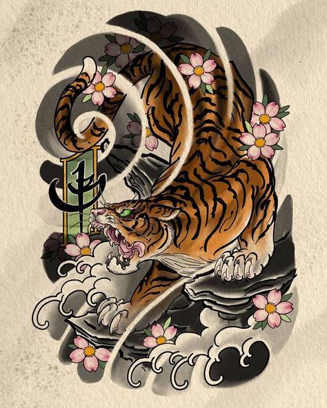 Snake And Tiger Tattoo, Japanese Flash, Tiger Zodiac, Japanese Tiger Tattoo, Tiger Tattoo Sleeve, Tattoo Japanese Style, Japanese Flower Tattoo, Japanese Tattoo Symbols, Japanese Tiger