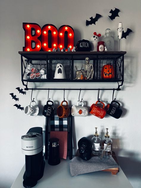 Coffee Bar Ideas Halloween, Goth Coffee Bar Ideas, Spooky Coffee Bar Ideas, Halloween Cafe Decor, Small Coffee Bar Ideas Apartments, Gothic Coffee Bar, Cute Coffee Bar Ideas, Goth Coffee Bar, Halloween Coffee Station