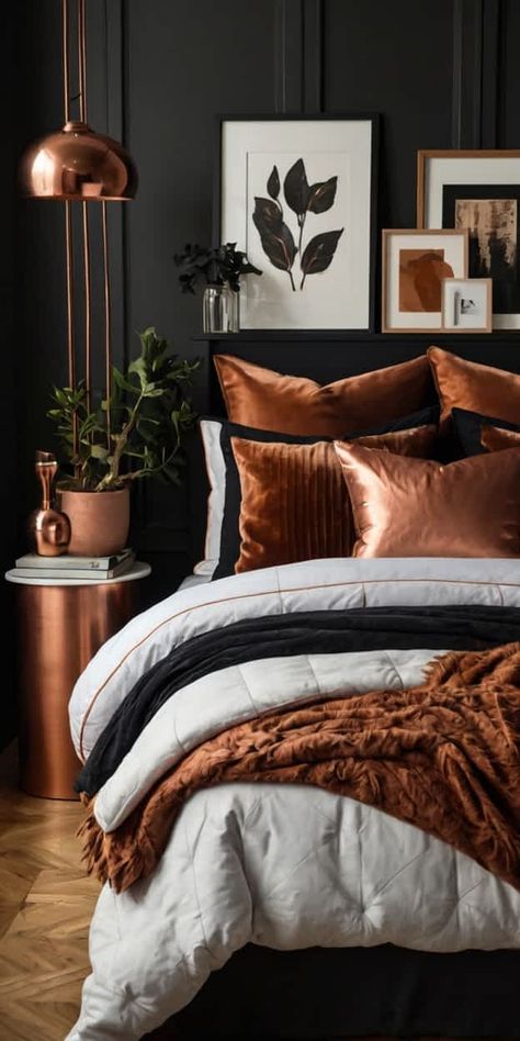 Black Rust And Green Bedroom, Black Cream And Burnt Orange Bedroom, Orange Modern Bedroom, Rust Black And Cream Bedroom, Rust And Purple Bedroom, Black And Terra Cotta Bedroom, Black Bed Design Ideas, Chocolate And Black Bedroom Ideas, Black And Copper Interior Design