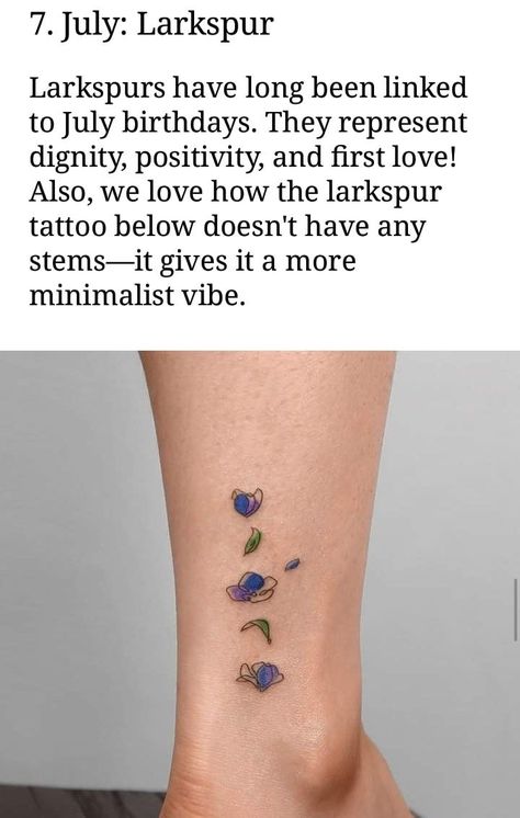 Larkspur Meaning, Month Flower Tattoo, Larkspur Tattoo, July Flowers, July Born, Flowers Tattoo, July Birthday, Tattoo Designs And Meanings, Birth Month Flower