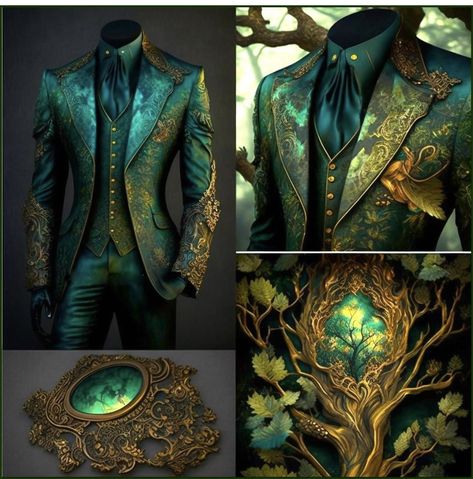 Fantasy King Outfit Design, Noble Outfits Male, Fantasy Clothing Male Royalty, Male Faerie Clothes, Green And Gold Fantasy Outfit Male, Nature Fantasy Outfit Male, Fantasy Ballroom Outfit Male, Elven Fashion Male, Mens Fantasy Wedding Attire