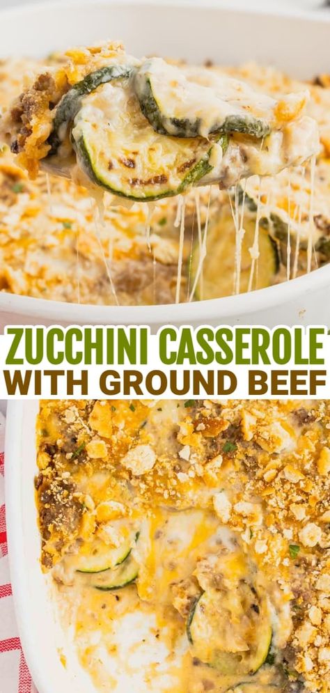 Zucchini Casserole with Ground Beef is a hearty casserole with layers of sliced zucchini, hamburger meat, a cream of mushroom based sauce mixture, shredded cheese and all baked with a Ritz cracker topping. Hamburger Squash Casserole, Hamburger Meat And Squash Recipes, Sides With Ground Beef, Hamburger And Squash Recipes, Squash Casserole With Ground Beef, Recipes With Zucchini And Mushrooms, Ground Beef And Squash Casserole, Hamburger Meat Zucchini Recipes, Squash And Zucchini Recipes With Hamburger Meat