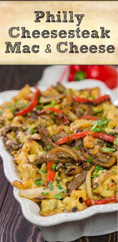 Philly Cheesesteak Mac and Cheese | Get ready to be happy! Steak Peppers And Onions, Steak Peppers, Sauteed Steak, Gourmet Mac And Cheese, Meat Casseroles, Drink Recipies, Philly Steak, Smoked Gouda Cheese, Steak Pasta