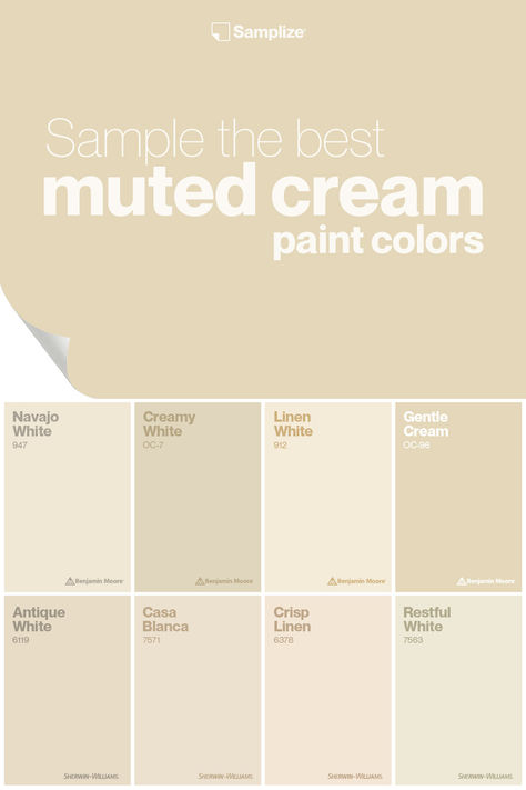 Sample the best muted cream paint colors with Samplize for your home painting projects! Wall Paint Cream Colors, Cream Room Paint, Cream Colour Room Bedrooms, Cream Indoor Paint, Furniture For Cream Walls, Light Color Paint For Home, Light Peach Kitchen Walls, Neutral Paint Colors Kitchen, Cream Bedroom Paint Colors