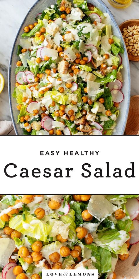 This homemade Caesar salad recipe is a great dinner side dish or meal on its own! It's made with a delicious homemade Caesar dressing, croutons, Parmesan cheese, romaine lettuce, and crispy veggies. | Love and Lemons #mealprep #salad #sidedish #lunch Healthy Caesar Salad, Homemade Caesar Dressing, Homemade Caesar, Salad Dinner, Vegetarian Main Course, Classic Caesar Salad, Clean And Delicious, Caesar Salad Recipe, Dinner Side