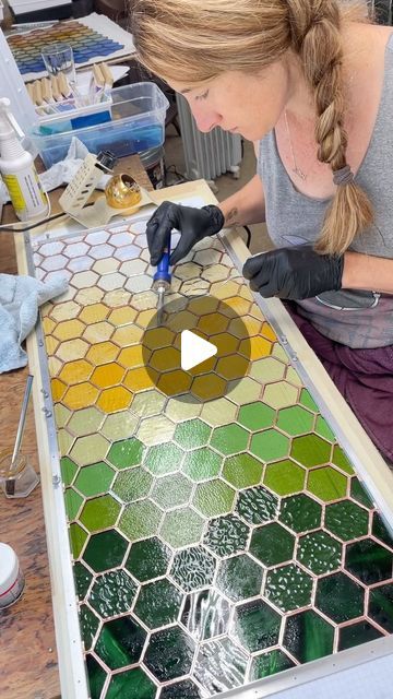 CulottaCreations Stained Glass Studio || Custom, Wholesale +Shop on Instagram: "It’s been a while since I’ve made a hexagon gradient panel & worn a tank top in the studio.  This morning I am missing both of these things.  . . .  #stainedglass #makingof #artist #hexagon  #dailyart #glass #glassartist #artisan" Stained Glass Coasters, Stained Glass Studio Setup, Stained Glass Studio, Stained Glass Window Panel, Glass Studio, Stained Glass Panels, Studio Setup, Glass Coasters, Glass Artists