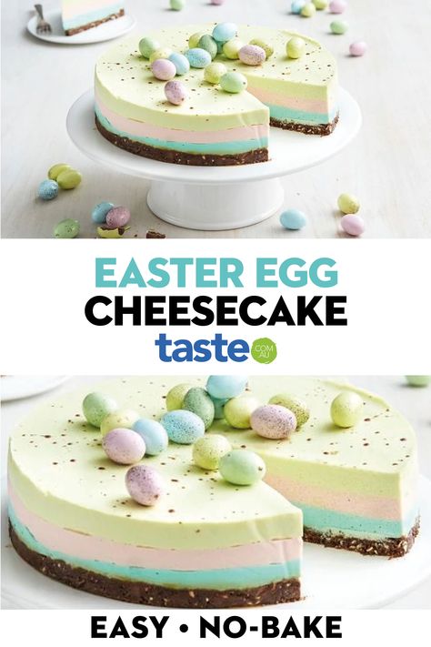 This no-bake rainbow cheesecake makes the perfect Easter centrepiece. Take off the chocolate speckled eggs and it's perfect year-round! #easter #easterbaking #easterrecipes #cheesecake #dessert #cake Easter Nests Recipe, Easter Egg Cheesecake, Easter Centrepiece, Easter Dinner Sides, Chocolate Cream Cheese Icing, Rainbow Cheesecake, Easter Pie, Dessert Recipes For Kids, Cheesecake Dessert