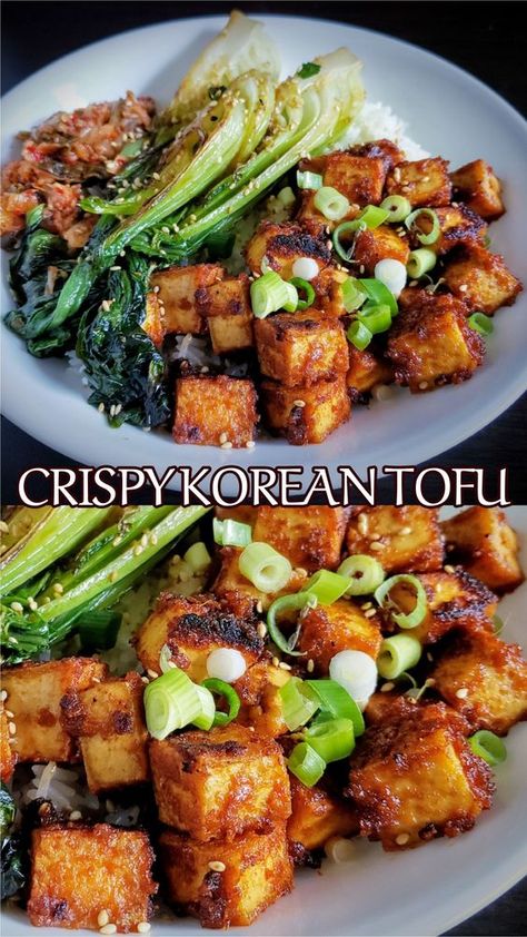 Asian Dinner Recipes Vegetarian, Korean Rice Bowl Vegetarian, Korean Tofu Stir Fry, Tofu And Veggies Recipes, Korean Marinated Tofu, Korean Tofu Bowl, Bimbimbop Recipe Vegan, Sprouted Tofu Recipes, Vegan Asian Tofu Recipes