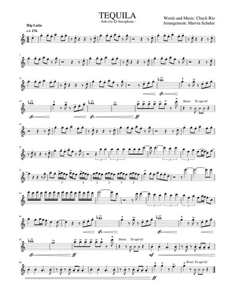 Download and print in PDF or MIDI free sheet music for tequila by CHAMPS arranged by FreshMarvin for Saxophone (Alto) (Solo) Alto Saxophone Music, Free Flute Sheet Music, Alto Sax Sheet Music, Tenor Saxophone Sheet Music, Popular Piano Sheet Music, Alto Saxophone Sheet Music, Viola Sheet Music, Trumpet Sheet Music, Clarinet Music