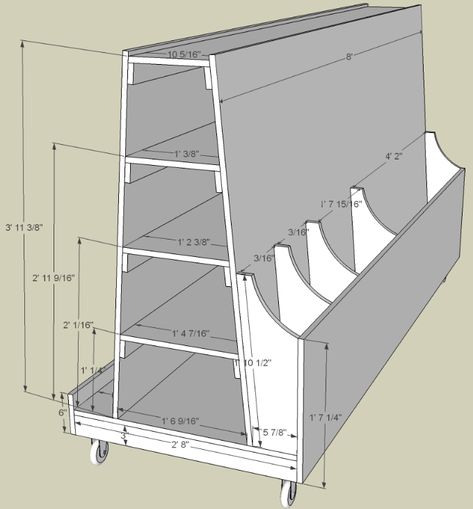 This SketchUp file can be found on my Plans & Designs page. Since I work on most of my projects in the garage, I am always fighting for more space. I always stacked my wood up against the wall … Arbejdsplads Garage, Wood Storage Cart, Lumber Storage Rack, Plywood Storage, Lumber Rack, Wood Storage Rack, Lumber Storage, Design Page, Shop Projects