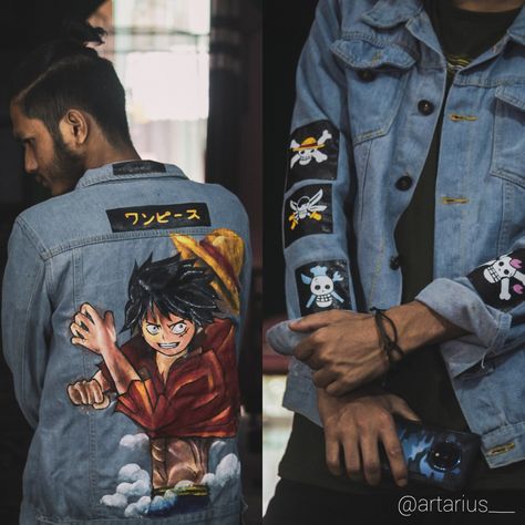 This is Monkey D. Luffy on denim jacket. Colour use camel fabrica. Time taken two whole days. #onepiece  #monkeydluffy #clotheart #anime #art Monkey Jacket, Men's Coats & Jackets, Monkey D Luffy, Art Clothes, Mens Coats, Camel, Anime Art, Denim Jacket, Coats Jackets