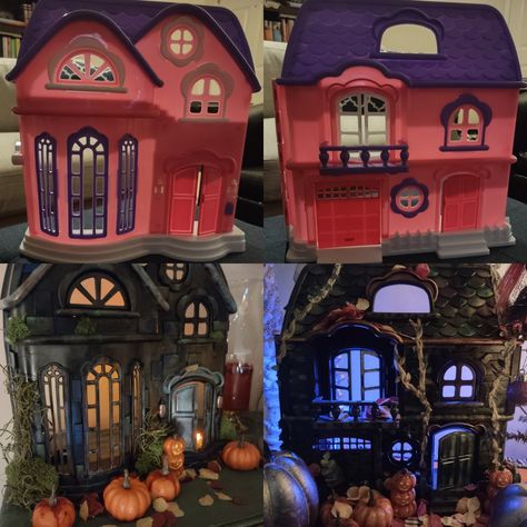 Haunted Dollhouse Room Ideas, Painted Dollhouse Halloween, Halloween House From Doll House, Spooky Dollhouse Makeover, Haunted House From Doll House, Halloween Barbie House, Halloween Dollhouse Makeover, Dollhouse To Haunted House, Haunted Dollhouse Diy