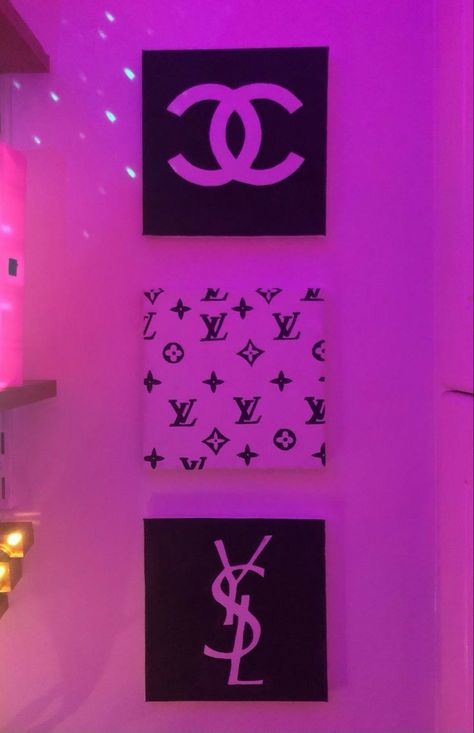 Chanel Led Sign, Chanel Painting Diy, Lv Room Ideas, Aesthetic Paintings For Room Wall, Room Decor Drawings Wall Art Diy, Louis Vuitton Wall Decor, Louis Vuitton Canvas Painting, Ysl Painting, Louis Vuitton Wallpaper Bedroom