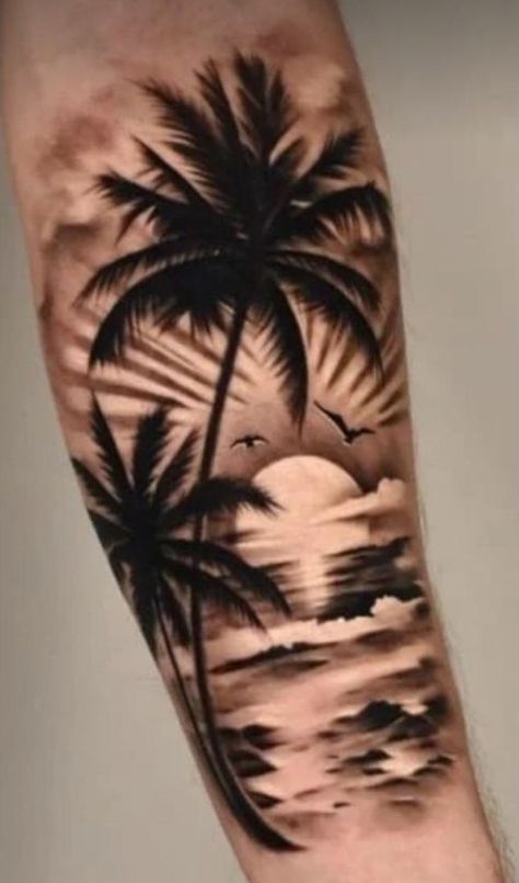 Tattoo Sleeve Add Ons, Beach Landscape Tattoo, Bahamas Tattoo, Ocean Tattoos Sleeve For Women, Beach Theme Tattoos, Initial Tattoos, Ocean Stuff, Scene Tattoo, Tattoo For Boyfriend